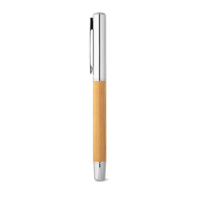 Caneta roller em aço inox 90% reciclado e bambu com tampa - Imagem 4
