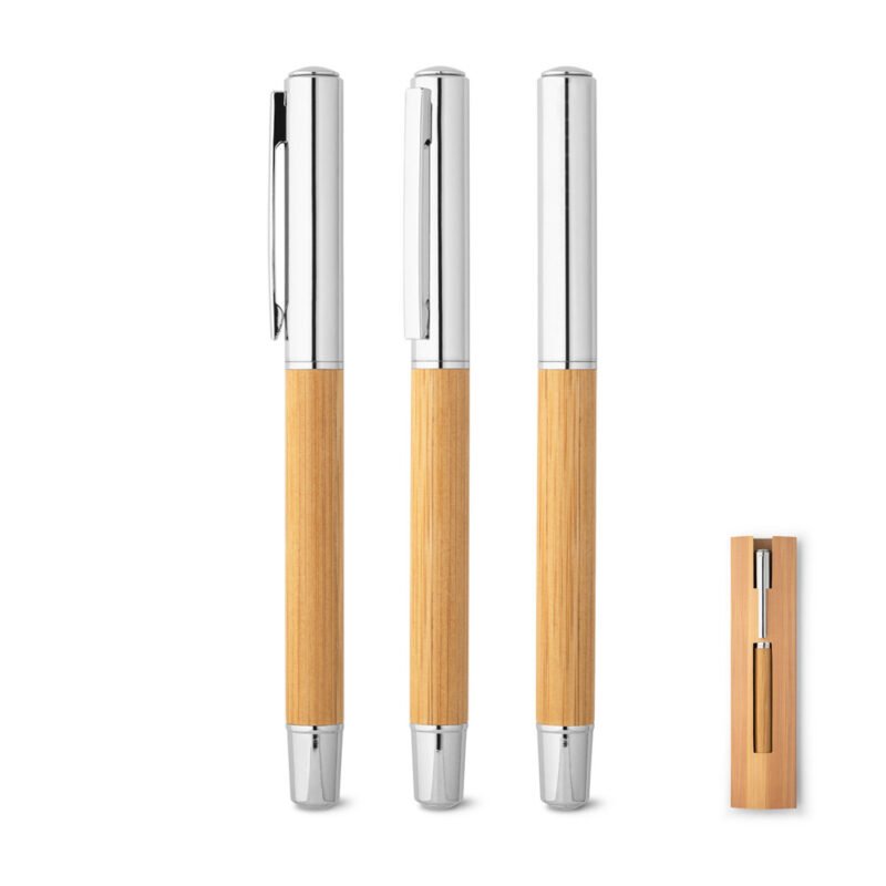 Caneta roller em aço inox 90% reciclado e bambu com tampa