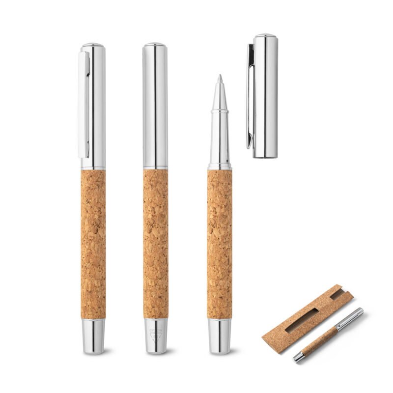 Caneta roller com corpo em aço inox 90% reciclado e cortiça com clipe