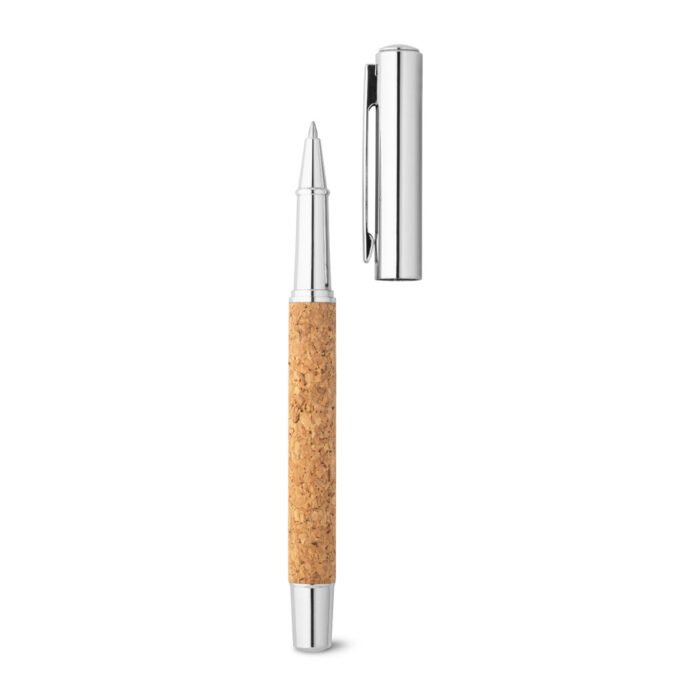 Caneta roller com corpo em aço inox 90% reciclado e cortiça com clipe - Imagem 3