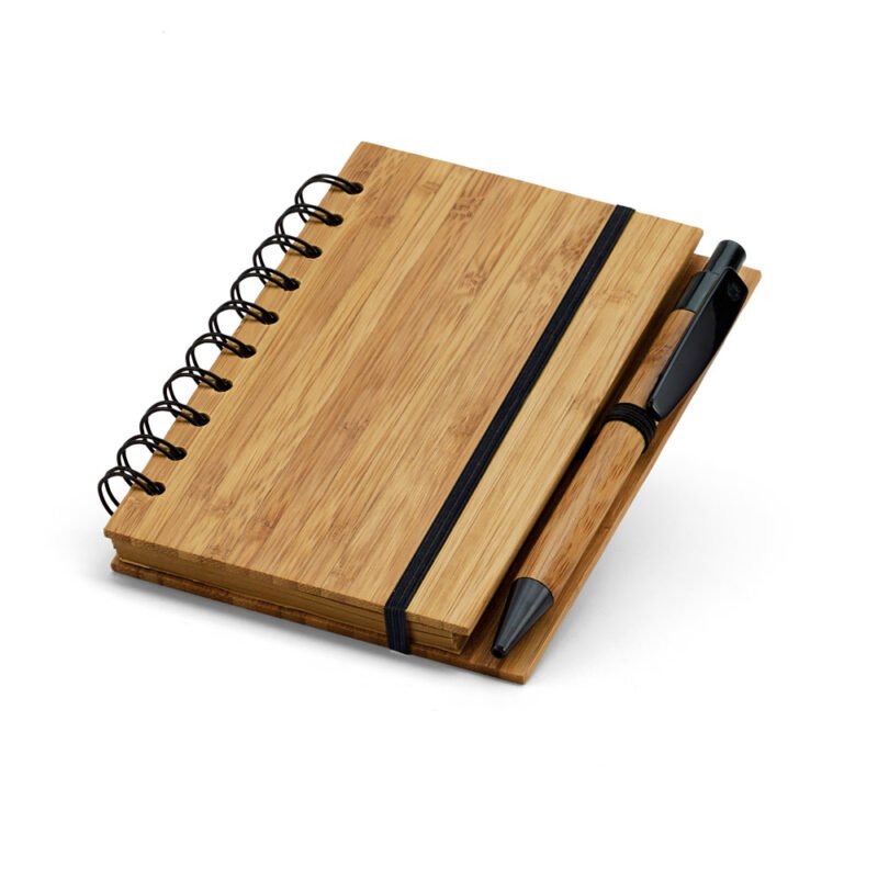 Caderno A6 em bambu com páginas pautadas recicladas
