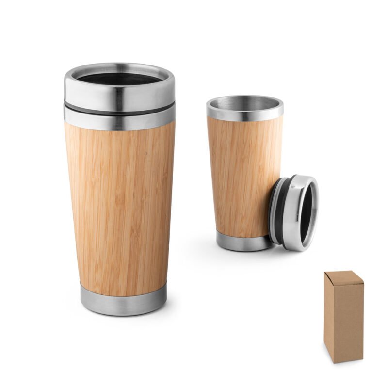 Copo de viagem em aço inox e bambu.