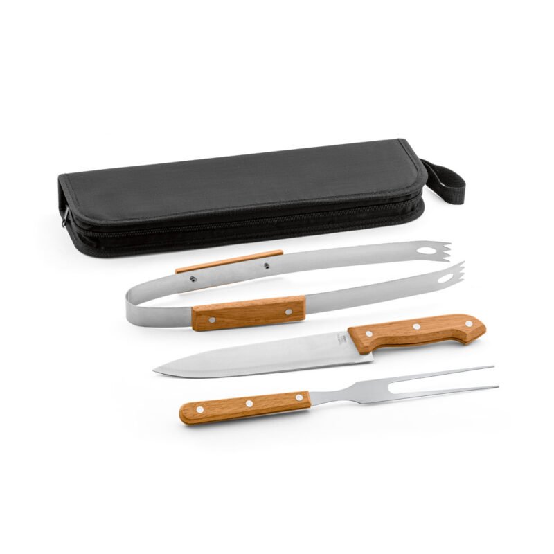 Kit churrasco em estojo de 210D com 3 utensílios em aço inox e madeira de seringueira