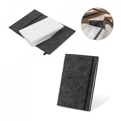 Caderno A5 com capa em feltro 100% reciclado, com 160 páginas pautadas recicladas