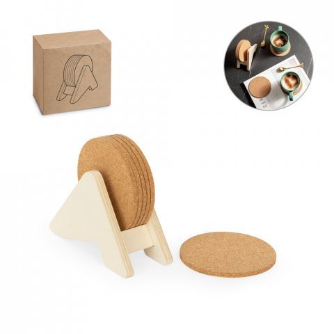 Porta copos em madeira com 6 bases para copos em cortiça